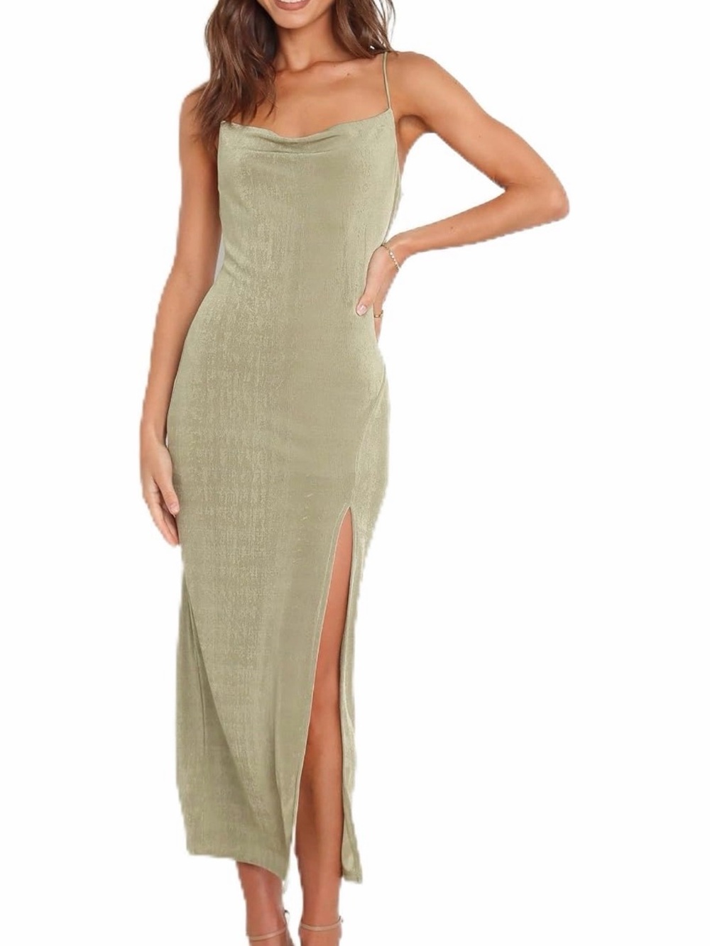 Petal & Pup Olive Satin Cowl Maxi Dress with Side Slit